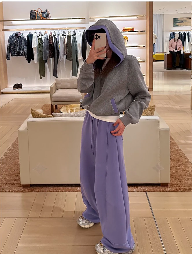 Fashion Color Blocked Hooded Sweatshirt for Women Autumn Loose Fit Zip-up Hoodie Female Casual Long Sleeve Sport Outerwear
