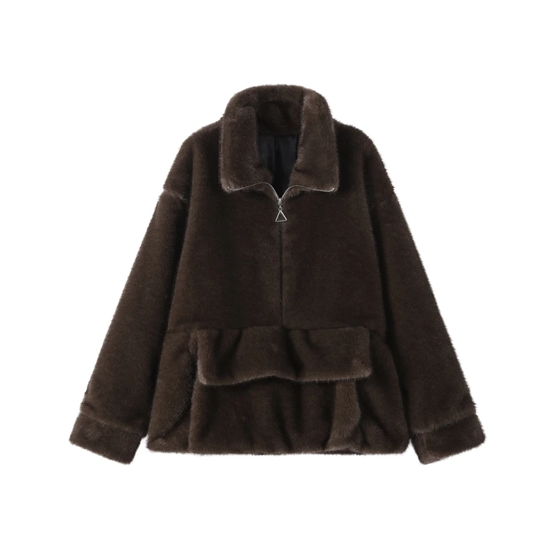 2026 Spring Autumn New Faux Fur Sweatshirt For Women Casual Stand Collar Long Sleeve Pockets Jumpers Female Chic Street Chic Top