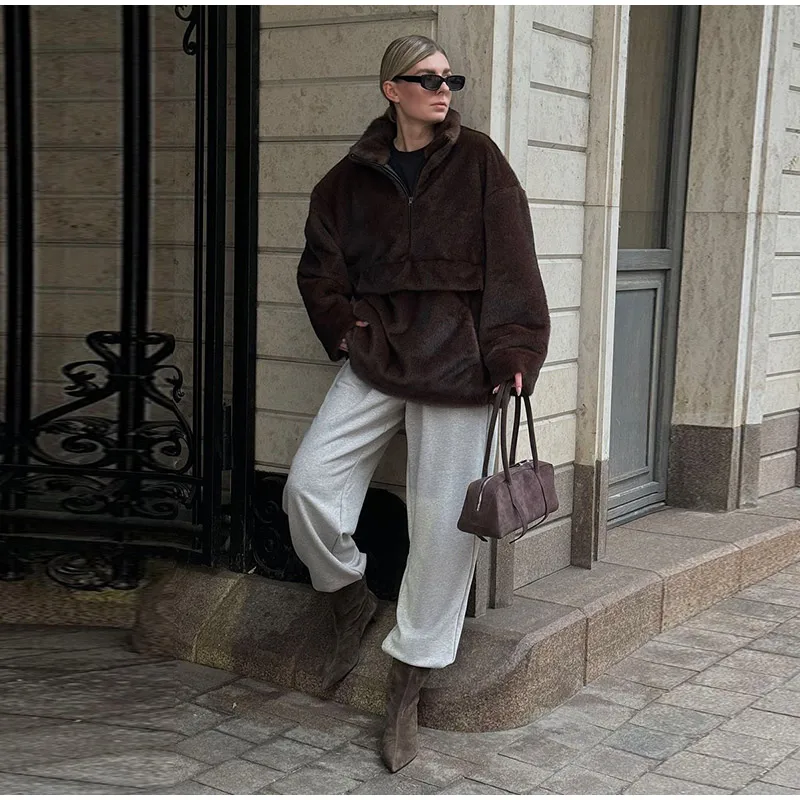 2026 Spring Autumn New Faux Fur Sweatshirt For Women Casual Stand Collar Long Sleeve Pockets Jumpers Female Chic Street Chic Top