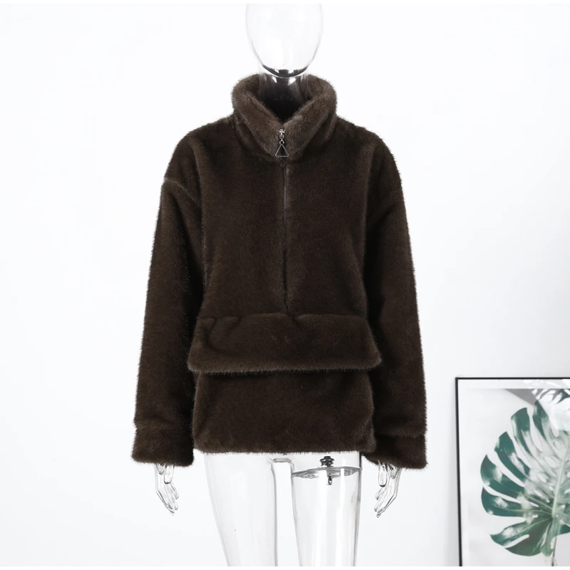 2026 Spring Autumn New Faux Fur Sweatshirt For Women Casual Stand Collar Long Sleeve Pockets Jumpers Female Chic Street Chic Top