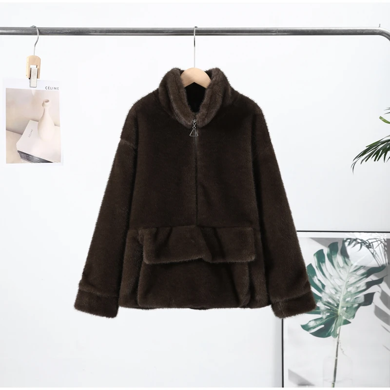 2026 Spring Autumn New Faux Fur Sweatshirt For Women Casual Stand Collar Long Sleeve Pockets Jumpers Female Chic Street Chic Top
