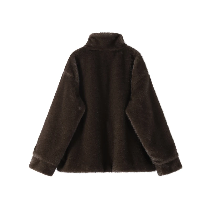 2026 Spring Autumn New Faux Fur Sweatshirt For Women Casual Stand Collar Long Sleeve Pockets Jumpers Female Chic Street Chic Top