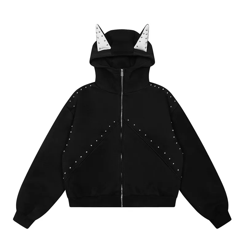 American Retro Rivet Hooded Sweatshirt for Women Autumn Loose Zipper Casual Outerwear Woman Devil Horn Long Sleeve Hoodie Coat