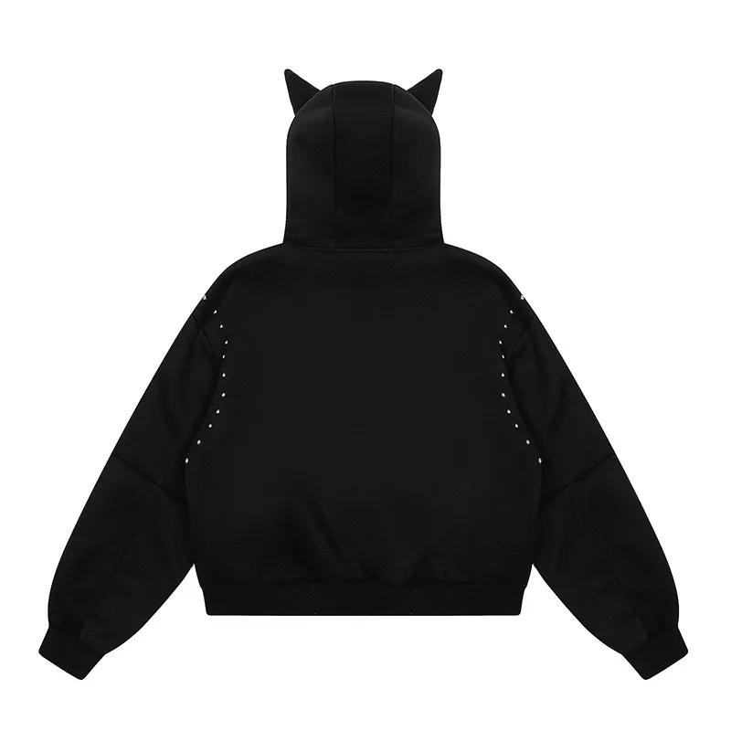 American Retro Rivet Hooded Sweatshirt for Women Autumn Loose Zipper Casual Outerwear Woman Devil Horn Long Sleeve Hoodie Coat