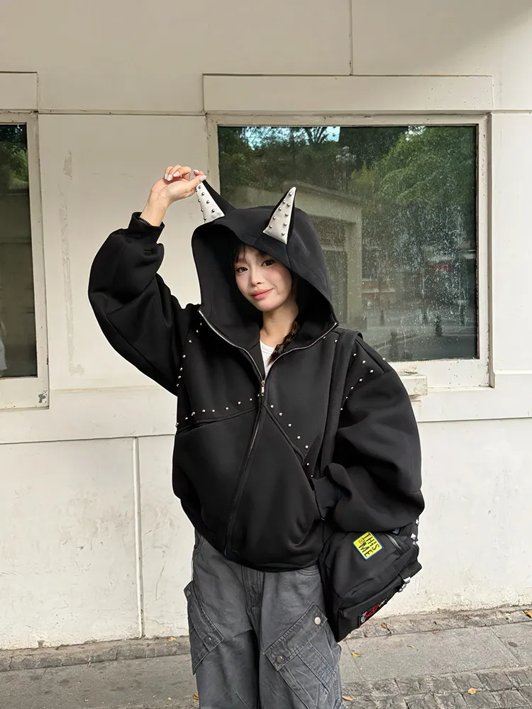 American Retro Rivet Hooded Sweatshirt for Women Autumn Loose Zipper Casual Outerwear Woman Devil Horn Long Sleeve Hoodie Coat