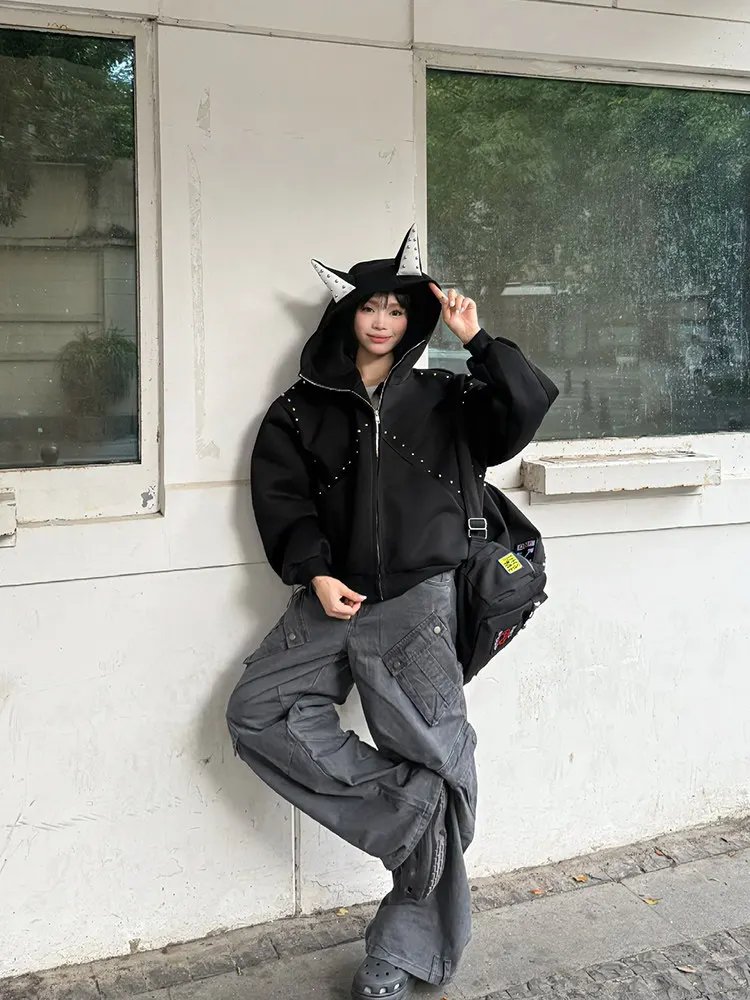 American Retro Rivet Hooded Sweatshirt for Women Autumn Loose Zipper Casual Outerwear Woman Devil Horn Long Sleeve Hoodie Coat