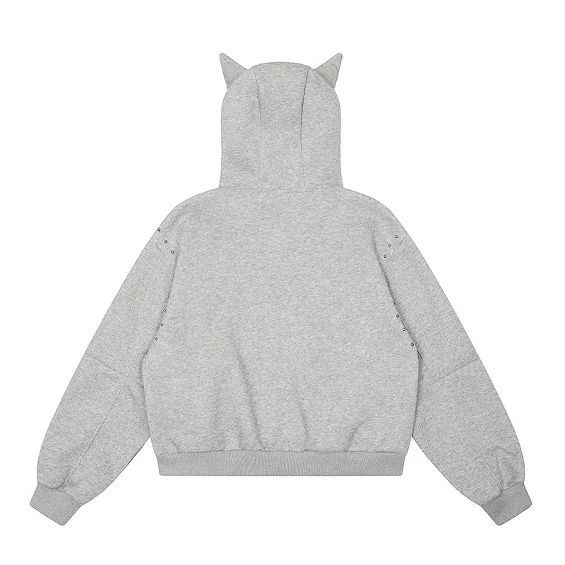 American Retro Rivet Hooded Sweatshirt for Women Autumn Loose Zipper Casual Outerwear Woman Devil Horn Long Sleeve Hoodie Coat