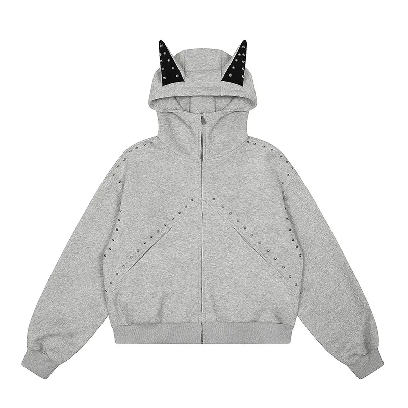 American Retro Rivet Hooded Sweatshirt for Women Autumn Loose Zipper Casual Outerwear Woman Devil Horn Long Sleeve Hoodie Coat