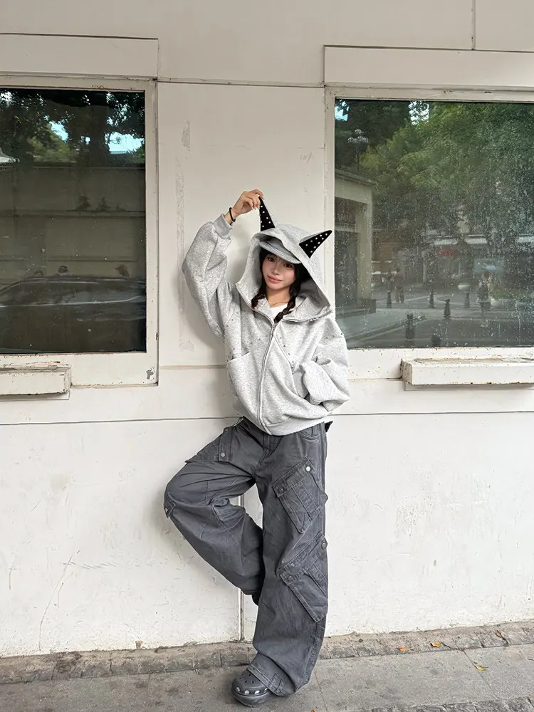 American Retro Rivet Hooded Sweatshirt for Women Autumn Loose Zipper Casual Outerwear Woman Devil Horn Long Sleeve Hoodie Coat