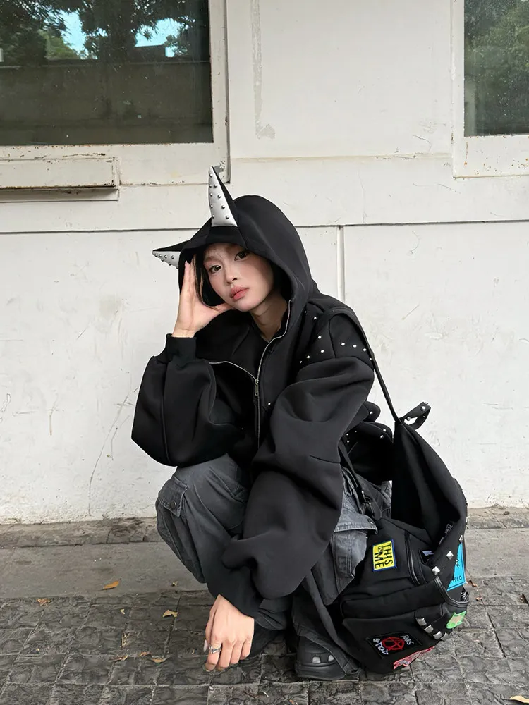 American Retro Rivet Hooded Sweatshirt for Women Autumn Loose Zipper Casual Outerwear Woman Devil Horn Long Sleeve Hoodie Coat