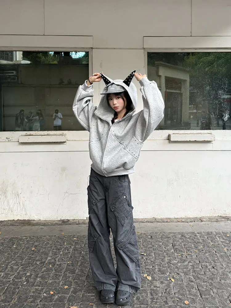 American Retro Rivet Hooded Sweatshirt for Women Autumn Loose Zipper Casual Outerwear Woman Devil Horn Long Sleeve Hoodie Coat