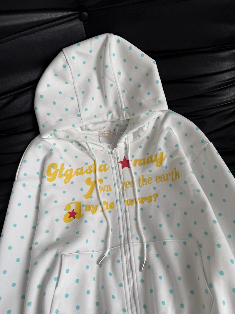 Kawaii Dot Letter Hoodies Women Loose Fashion Preppy Style Cute Sweet Sweatshirts Fall Chic Causal Lady Long Sleeve Pockets Tops