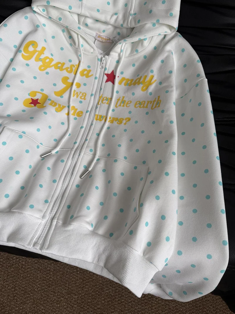 Kawaii Dot Letter Hoodies Women Loose Fashion Preppy Style Cute Sweet Sweatshirts Fall Chic Causal Lady Long Sleeve Pockets Tops