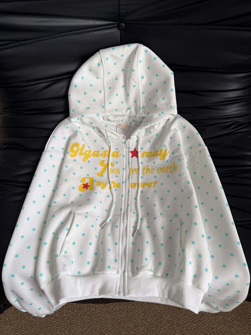 Kawaii Dot Letter Hoodies Women Loose Fashion Preppy Style Cute Sweet Sweatshirts Fall Chic Causal Lady Long Sleeve Pockets Tops