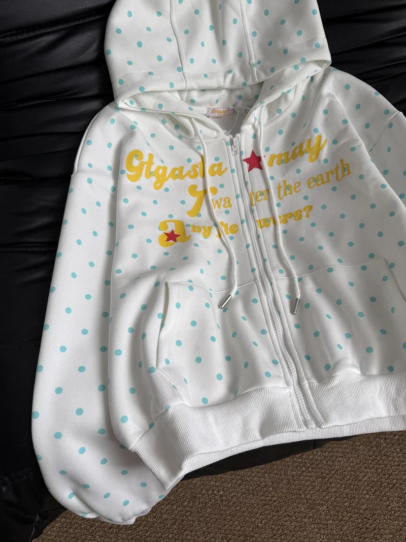 Kawaii Dot Letter Hoodies Women Loose Fashion Preppy Style Cute Sweet Sweatshirts Fall Chic Causal Lady Long Sleeve Pockets Tops