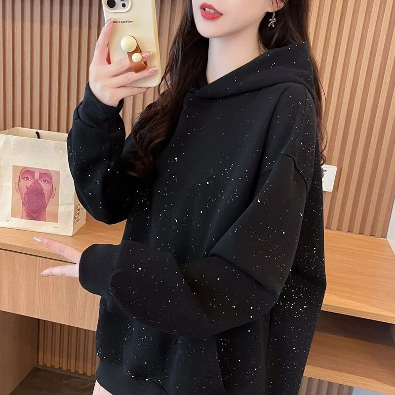 Sequins Women's Hoodies Sweatshirts Loose Y2k Vintage Matching New in Long Sleeve Y 2k Casual Emo Black Baggy Female Hooded Top