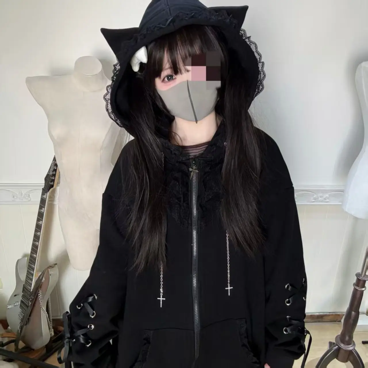 Women Hoodies Clothing Punk Sweatshirts Harajuku Streetwear Retro Hooded Jackets Japanese Rivet Print Casual Zipper Coat Fashion