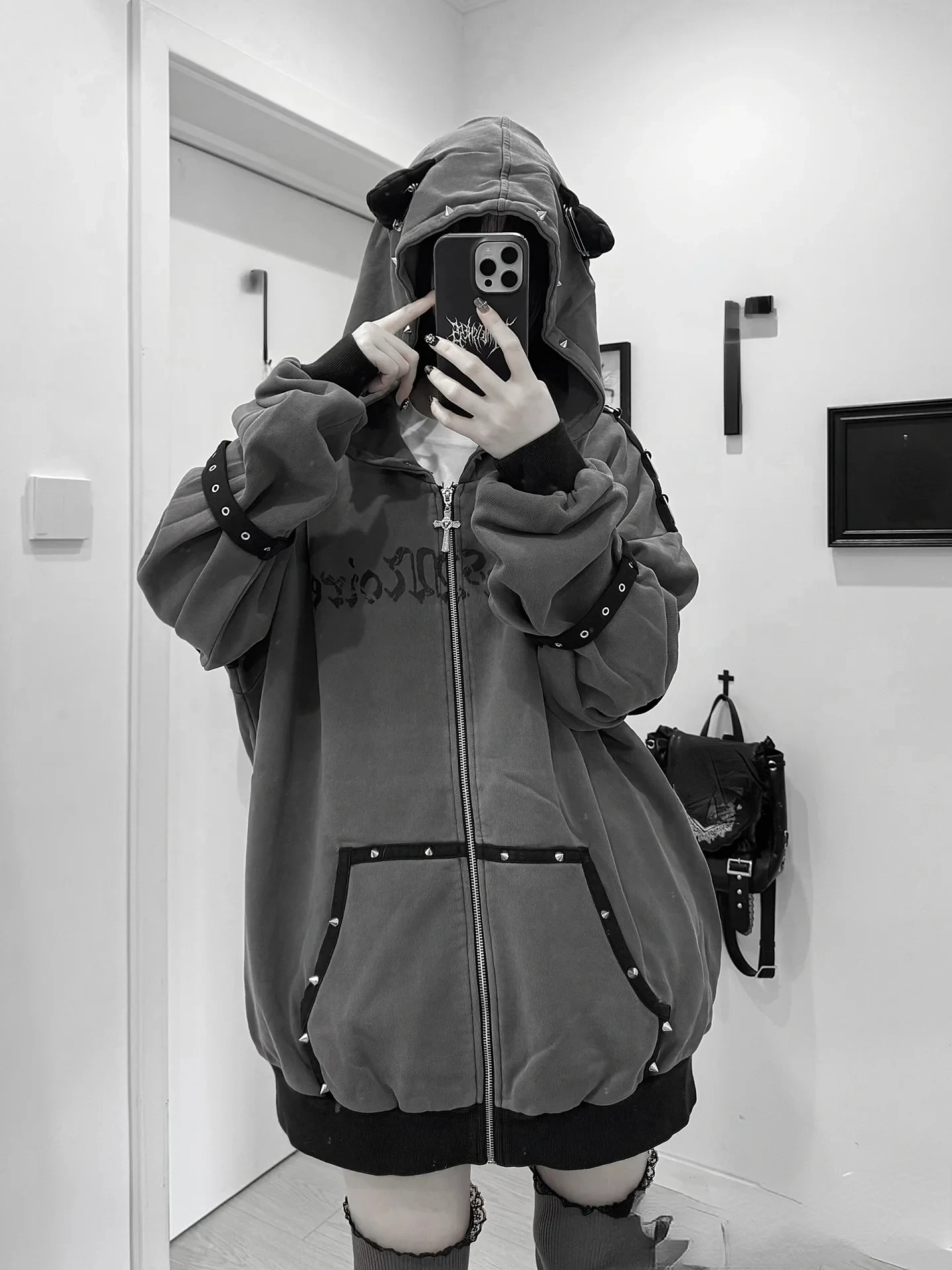 Women Hoodies Clothing Punk Sweatshirts Harajuku Streetwear Retro Hooded Jackets Japanese Rivet Print Casual Zipper Coat Fashion