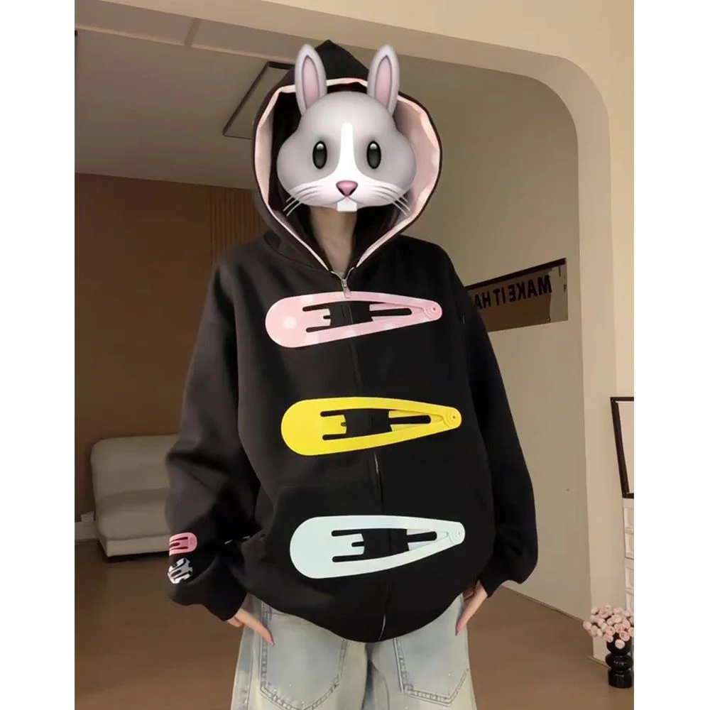 Pink Polka Dot Lined Hood 3D Giant Hair Clip Decor Zip up Hoodie Women's Oversized Kawaii Streetwear Jacket