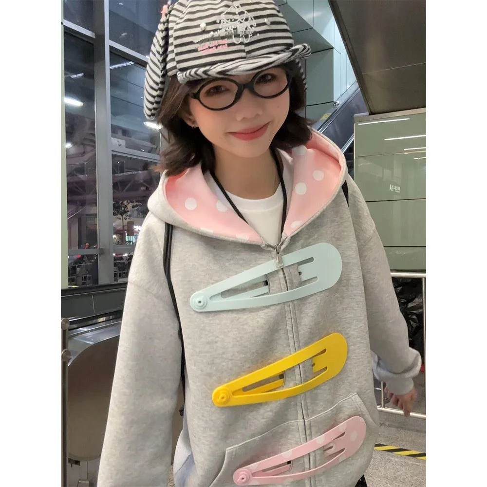 Pink Polka Dot Lined Hood 3D Giant Hair Clip Decor Zip up Hoodie Women's Oversized Kawaii Streetwear Jacket