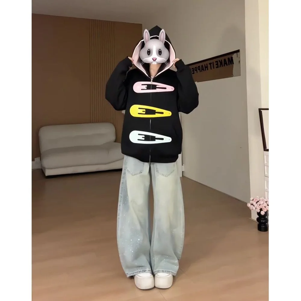 Pink Polka Dot Lined Hood 3D Giant Hair Clip Decor Zip up Hoodie Women's Oversized Kawaii Streetwear Jacket