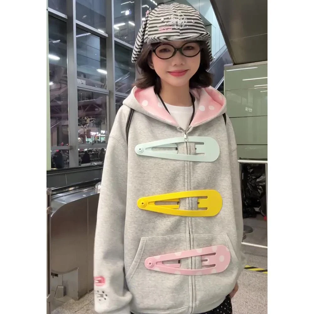 Pink Polka Dot Lined Hood 3D Giant Hair Clip Decor Zip up Hoodie Women's Oversized Kawaii Streetwear Jacket