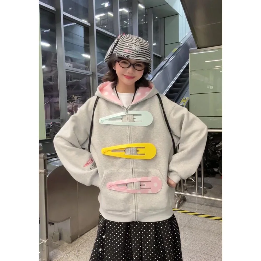 Pink Polka Dot Lined Hood 3D Giant Hair Clip Decor Zip up Hoodie Women's Oversized Kawaii Streetwear Jacket