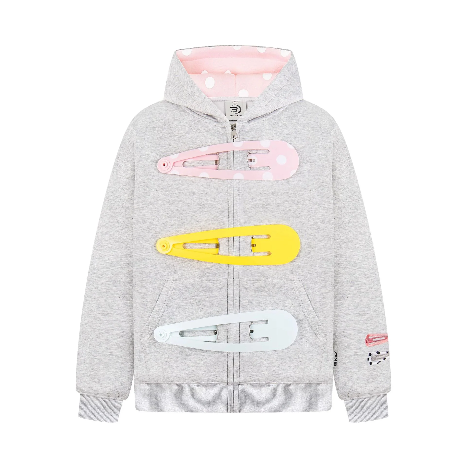 Pink Polka Dot Lined Hood 3D Giant Hair Clip Decor Zip up Hoodie Women's Oversized Kawaii Streetwear Jacket