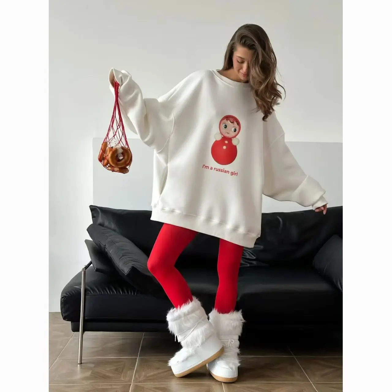 Russian Girl Superior Sense Print O Neck Sweatshirt Women White Thin Spring 2025 Hoodies Women Russian Style Loose Casual Tops