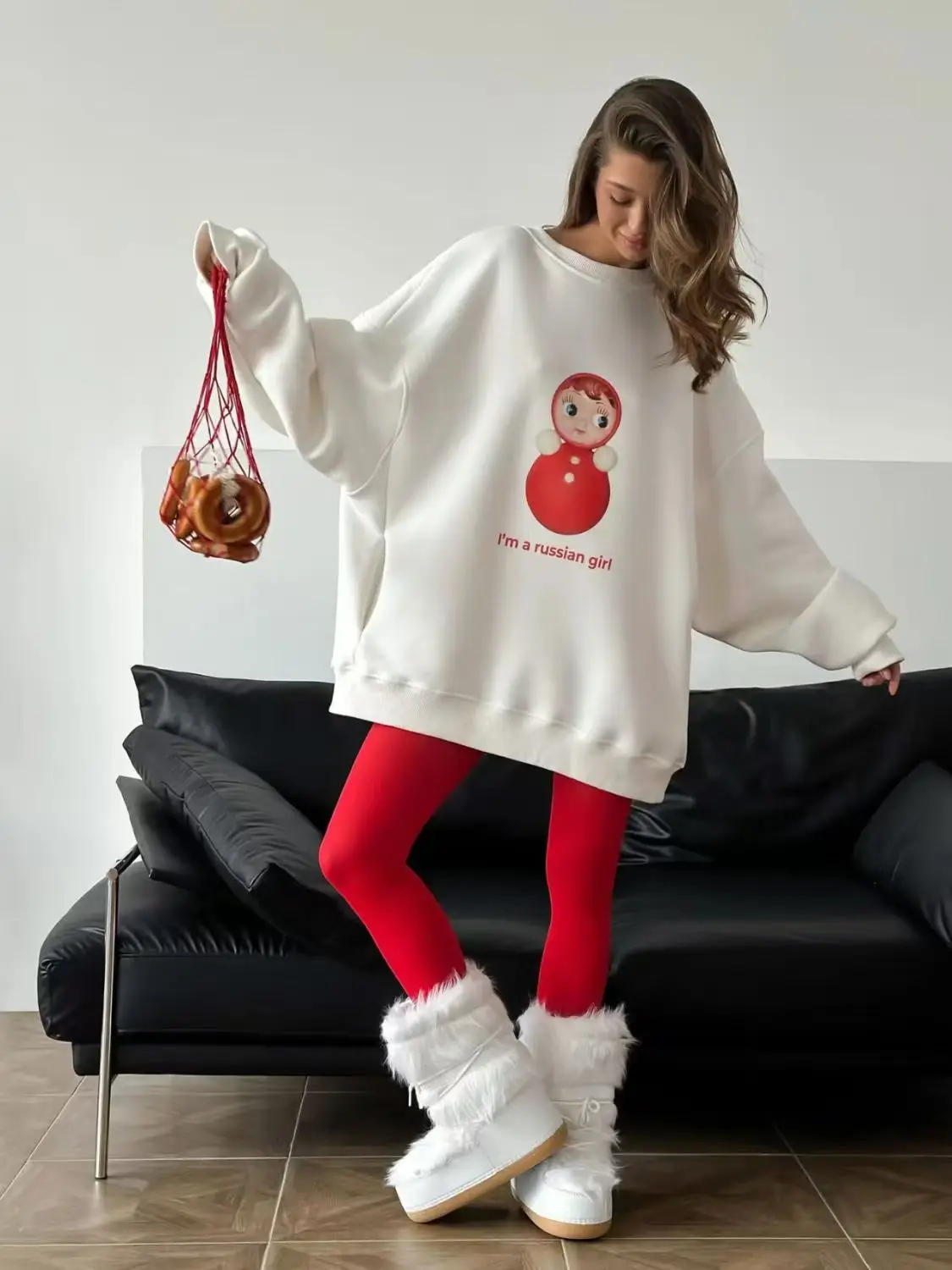 Russian Girl Superior Sense Print O Neck Sweatshirt Women White Thin Spring 2025 Hoodies Women Russian Style Loose Casual Tops