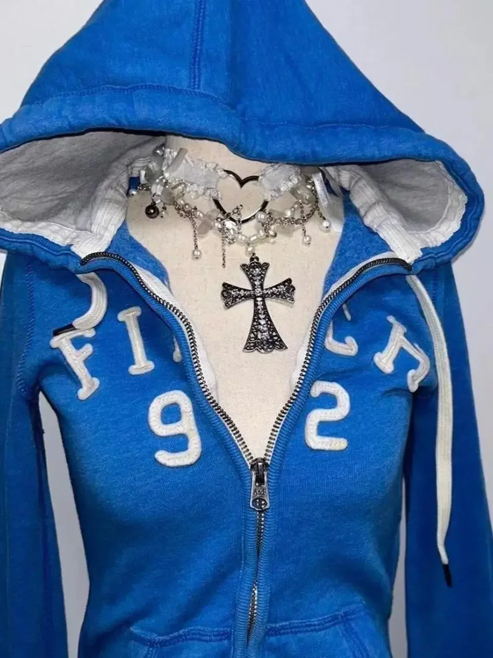 2025 New Blue Sweater Women Autumn Winter Gothic Punk American Retro Slim Cardigan Casual Street Wear Y2K Design Plush Hoodie