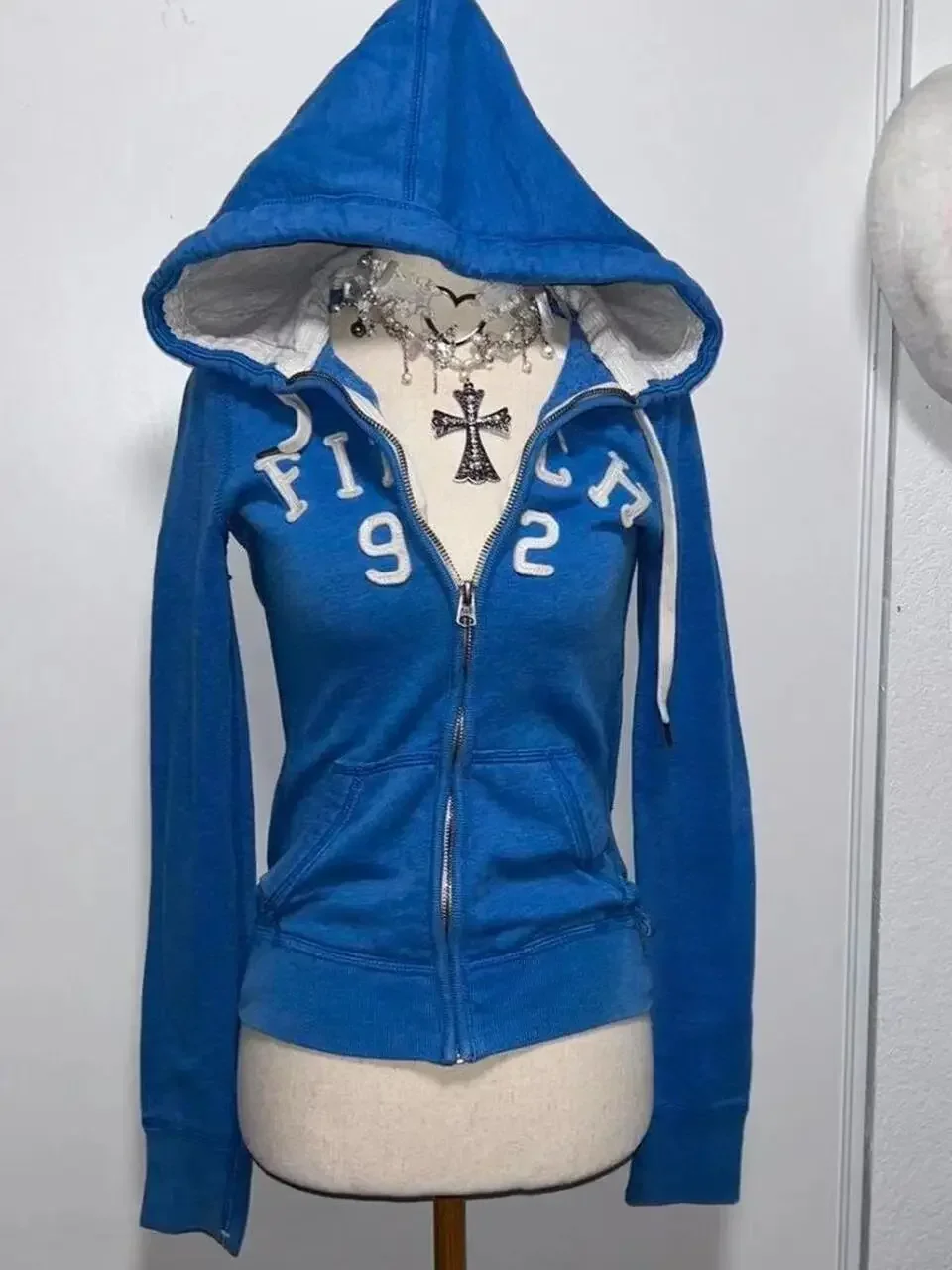 2025 New Blue Sweater Women Autumn Winter Gothic Punk American Retro Slim Cardigan Casual Street Wear Y2K Design Plush Hoodie