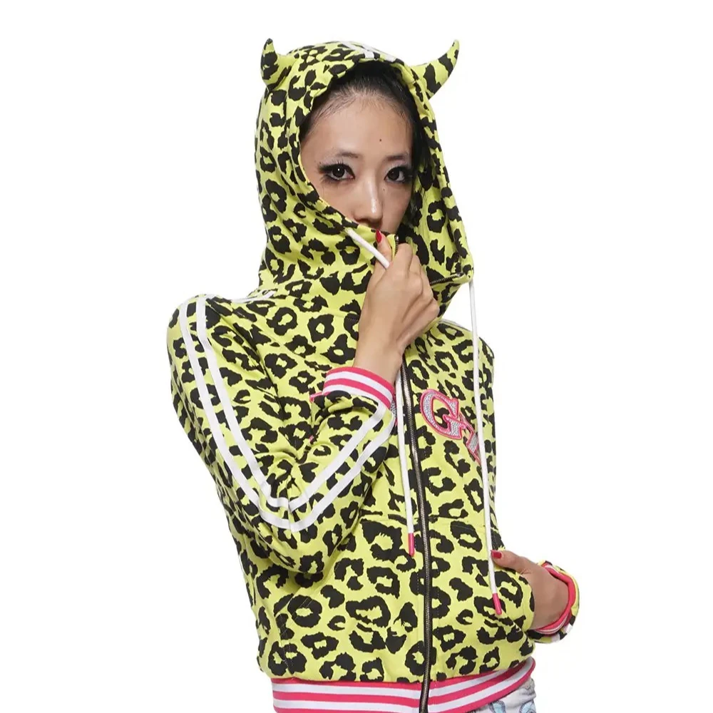 Harajuku Leopard Print Zip-up Hoodie Casual Outerwears Womens Sweatshirt Outdoor Clothes Woman Sweatshirts New Style Clothing