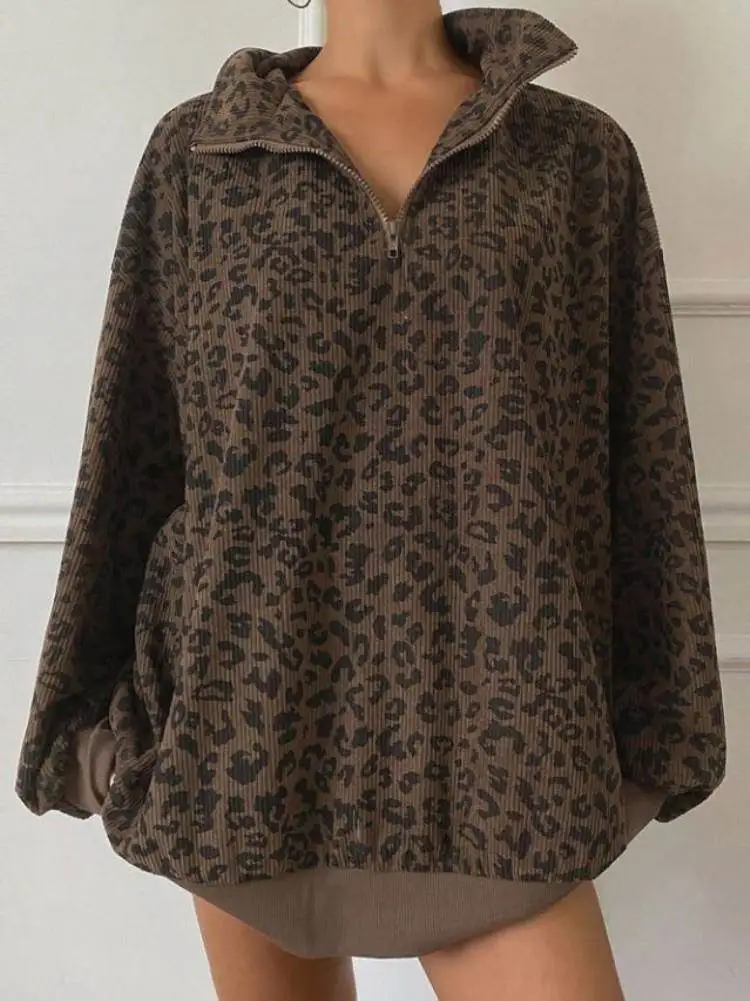 Fashion Leopard Print Oversize Sweatshirt Women Casual Stand Collar Corduroy Pullovers Female Loose Half Zip-up Streetwear Tops