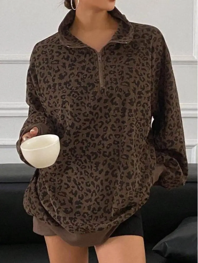 Fashion Leopard Print Oversize Sweatshirt Women Casual Stand Collar Corduroy Pullovers Female Loose Half Zip-up Streetwear Tops