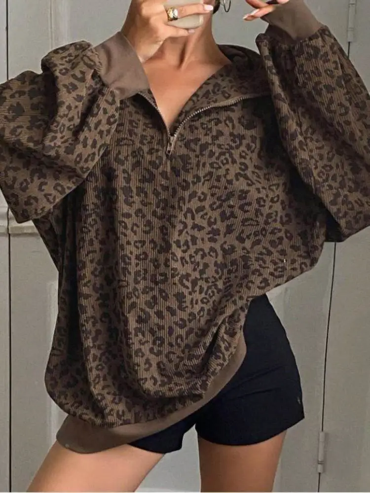 Fashion Leopard Print Oversize Sweatshirt Women Casual Stand Collar Corduroy Pullovers Female Loose Half Zip-up Streetwear Tops