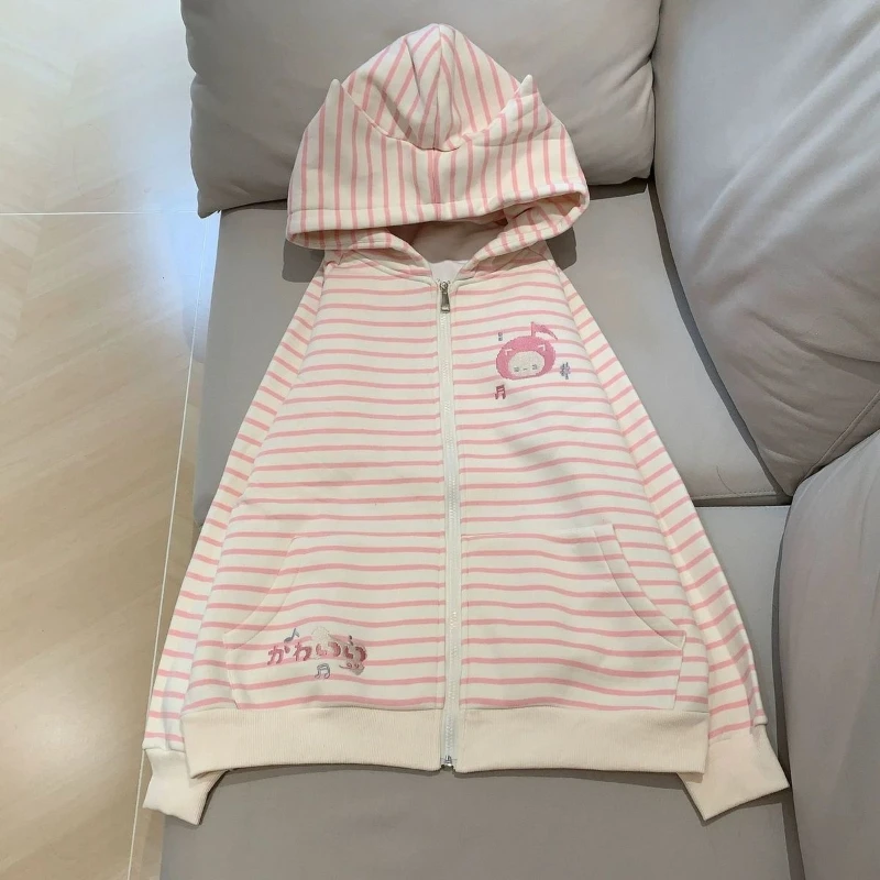 Japanese Kawaii Cat Ears Long Sleeve Hoodie Women Sweet Casual Striped Sweatshirt Zipper Cartoon Embroidery 2025 Autumn