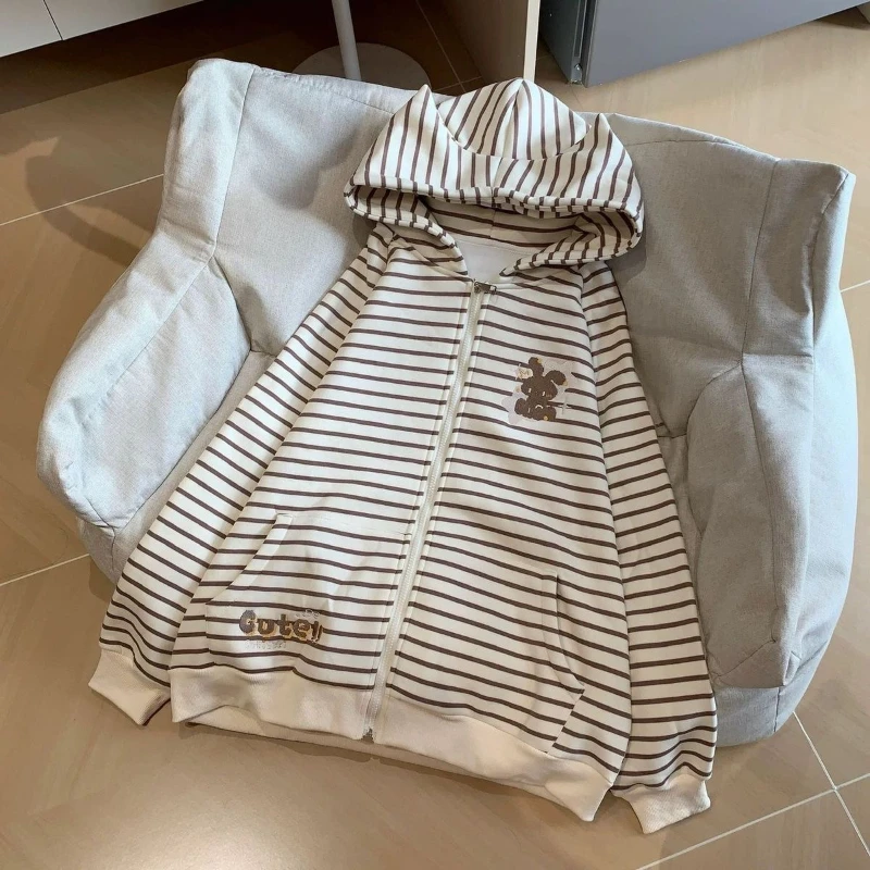 Japanese Kawaii Cat Ears Long Sleeve Hoodie Women Sweet Casual Striped Sweatshirt Zipper Cartoon Embroidery 2025 Autumn