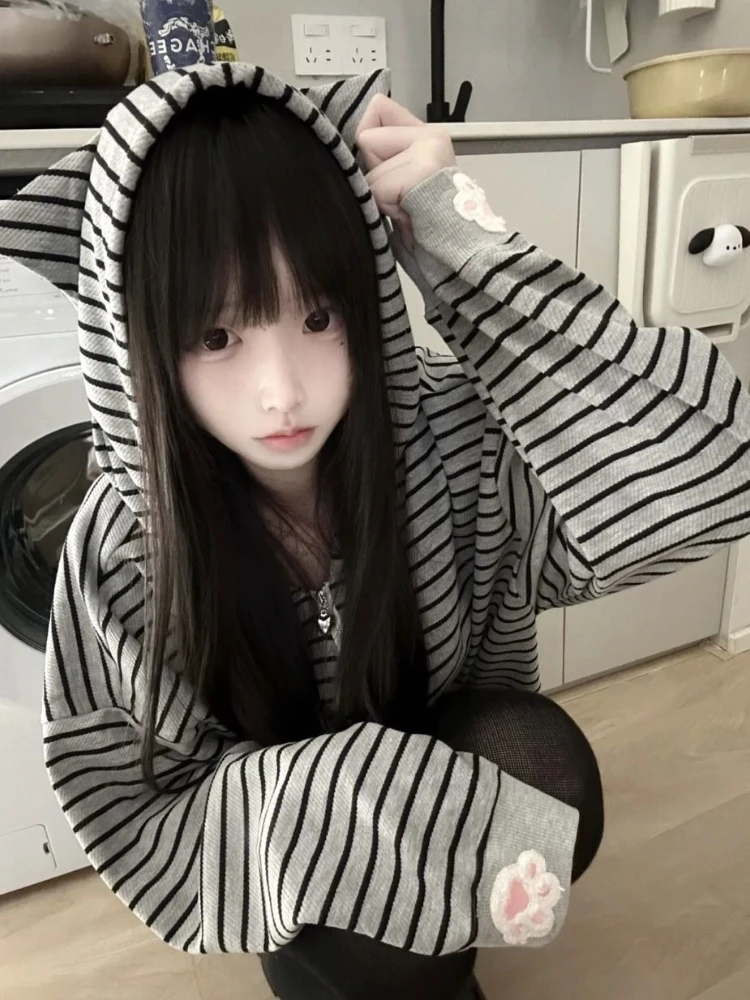 Japanese Kawaii Cat Ears Long Sleeve Hoodie Women Sweet Casual Striped Sweatshirt Zipper Cartoon Embroidery 2025 Autumn