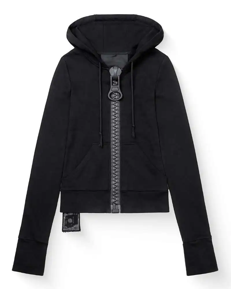 Y2K Vintage Giant Zipper Zip Up Hoodie Women Harajuku Slim Fit Cropped Sweatshirts Long Sleeve Chunky Zip Outerwear Streetwear
