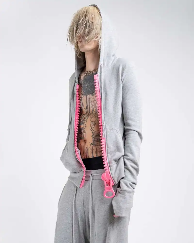 Y2K Vintage Giant Zipper Zip Up Hoodie Women Harajuku Slim Fit Cropped Sweatshirts Long Sleeve Chunky Zip Outerwear Streetwear