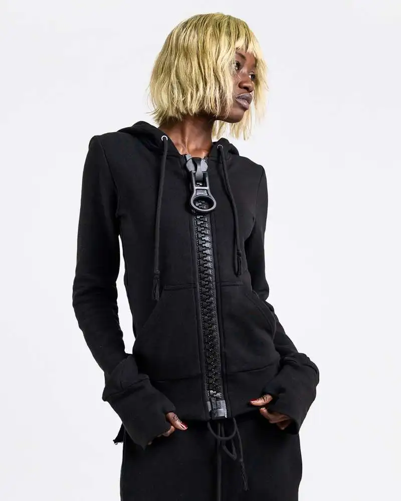 Y2K Vintage Giant Zipper Zip Up Hoodie Women Harajuku Slim Fit Cropped Sweatshirts Long Sleeve Chunky Zip Outerwear Streetwear
