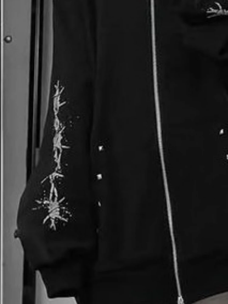 Autumn Gothic American Retro Zipper Hoodie Jacket Women Embroidery Letter Design Sweatshirt Harajuku 2000s Warm Tops Clothes