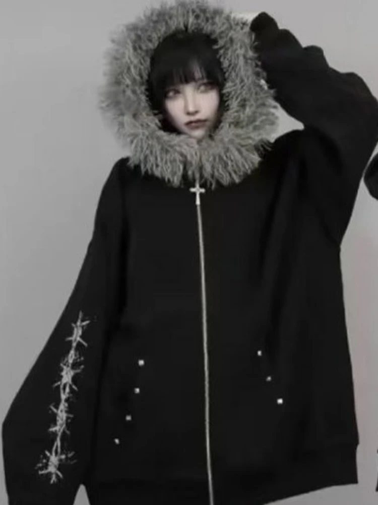Autumn Gothic American Retro Zipper Hoodie Jacket Women Embroidery Letter Design Sweatshirt Harajuku 2000s Warm Tops Clothes