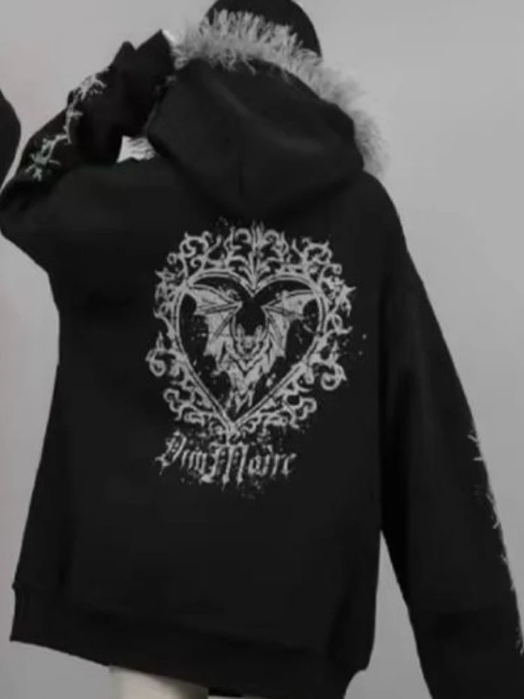 Autumn Gothic American Retro Zipper Hoodie Jacket Women Embroidery Letter Design Sweatshirt Harajuku 2000s Warm Tops Clothes
