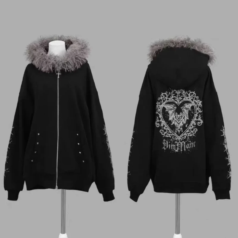 Autumn Gothic American Retro Zipper Hoodie Jacket Women Embroidery Letter Design Sweatshirt Harajuku 2000s Warm Tops Clothes