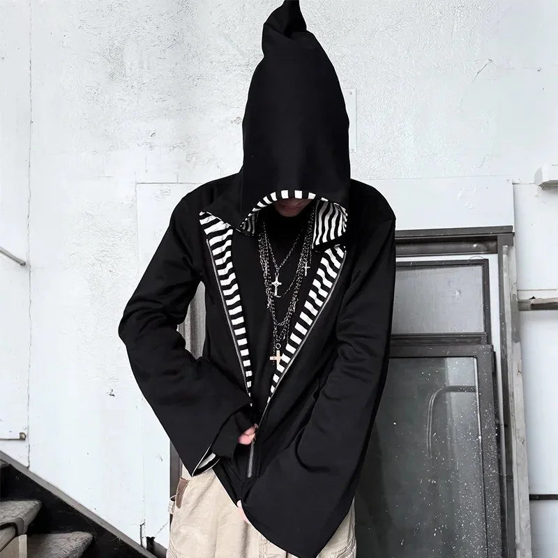 Aesthetics Harajuku Dark Gothic Loose Zipper Sweatshirt Front Back Wearing Black White Stripes vintage Men Women Couples Hoodies