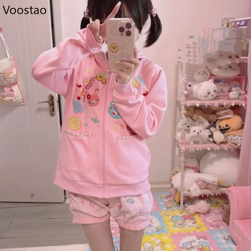 Autumn Pink Japanese Lolita Style Women Sweet Hoodies Bunny Bear Embroidery Y2k Zippper Hooded Sweatshirts Cute Cartoon Coat Top
