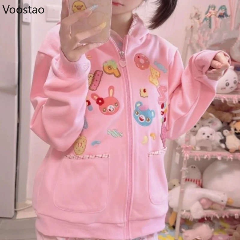 Autumn Pink Japanese Lolita Style Women Sweet Hoodies Bunny Bear Embroidery Y2k Zippper Hooded Sweatshirts Cute Cartoon Coat Top