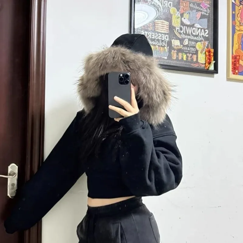 Gothic Black Hooded Coat for Women Harajuku Zipper Swratshirts Vintage Crop Tops Korean Thick Fashion Hoodies Casual Y2k Jackets